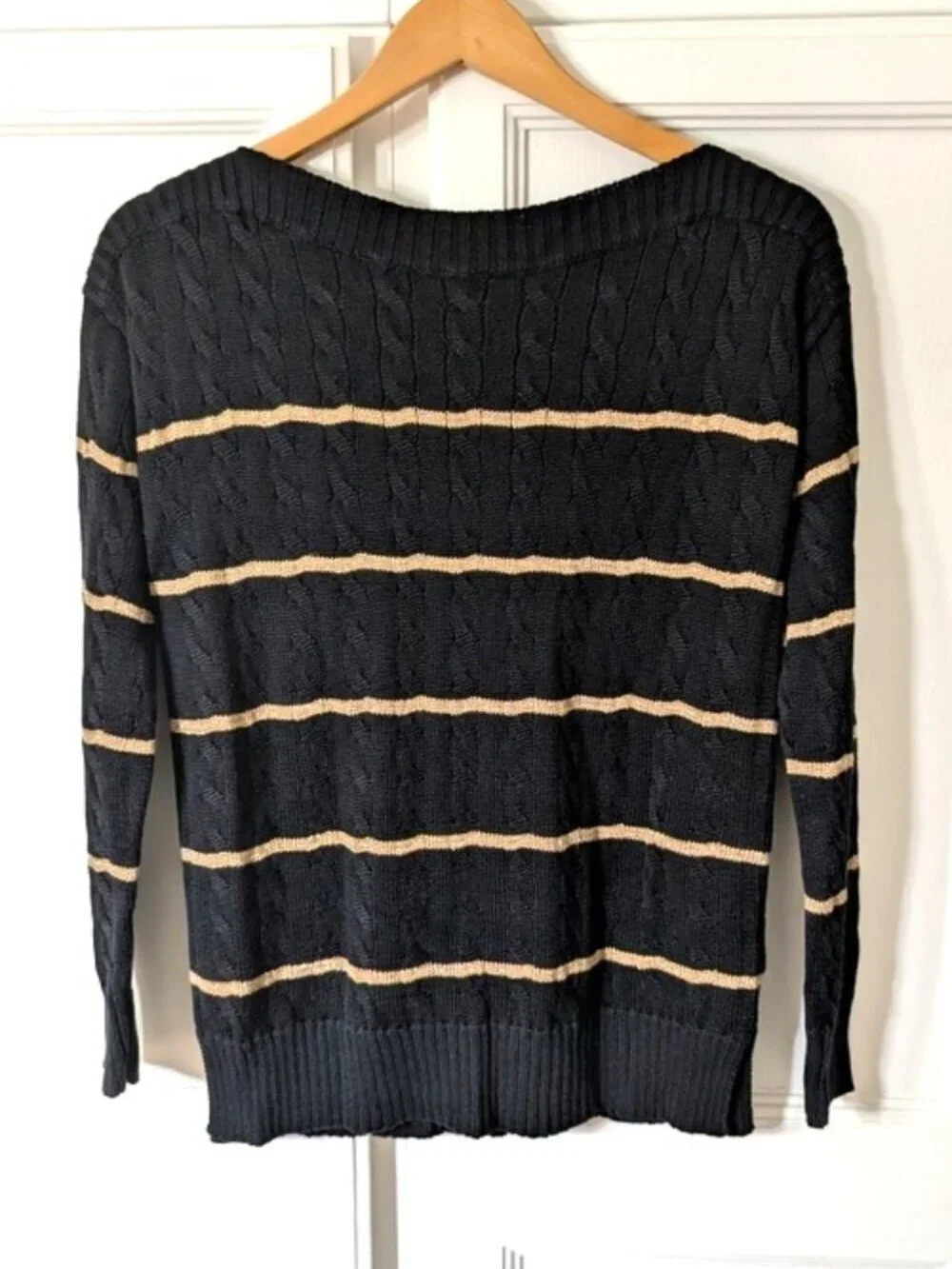 LRL Striped Cable‎ Knit Women's Sweater - Black and Tan-Small
